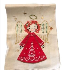 VTG Hand Embroidered Criss Stitched Angel Tea Towel Doily Framed Art 18X12
